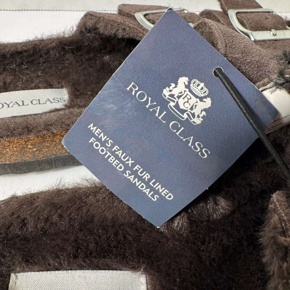 Royal Class Mens‎ Faux Fur Lined Footbed Sandals Brown Buckle Slides Size 8 NEW
